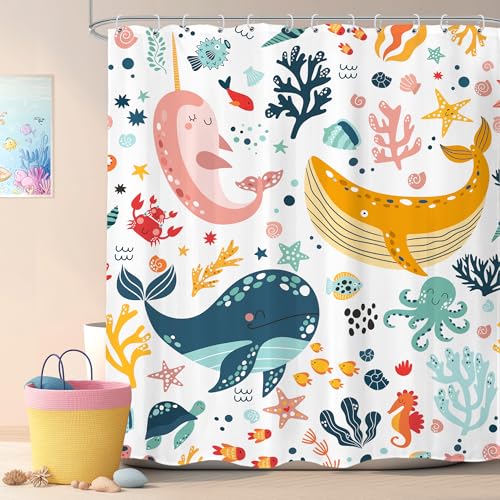 Image of LGhtyro Kids Whale Shower Curtain Bathroom Sets 60Wx71H Inches Fish Ocean Sealife Underwater Coral Starfish Cute Cartoon Unisex Neutral Bath Accessories for Boys Girls Home Decor Fabric 12 Pack Hooks
