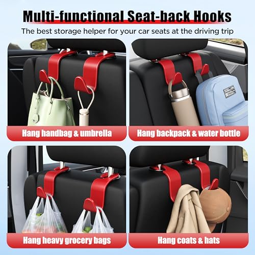 Image of Car Seat Headrest Hook 4 Pack Hanger Storage Organizer Universal for Handbag Purse Coat Universal fit Vehicle Car Red with Clip