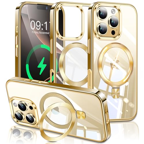 Image of ESTPEAK Titanium Gold CD Mag-Stand Case for iPhone 16 Pro Case with Invisible Magnetic Ring, [Fit for MagSafe] [Never Yellowing] Top Clear Phone Case Cover for iPhone 16 Pro 6.3 inch Men Women