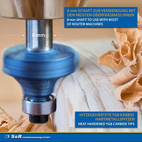 Foto von S&R Holzfräser-Set HM 15-tgl., Holzfräs-Bits für 8mm Schaft, Holzkoffer, geschmiedeter Werkzeugstahl, Schneidplatten aus HM, Fräser für Oberfräse in robuster Holzbox