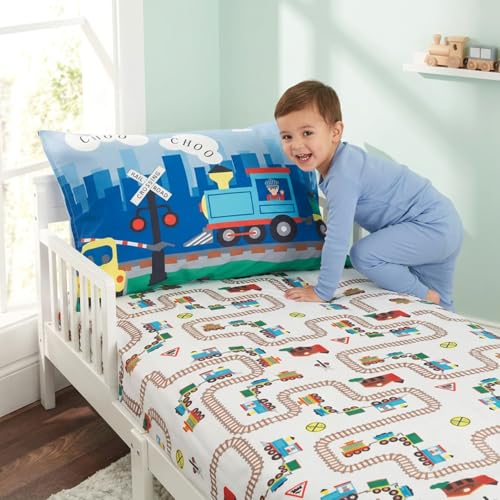 EVERYDAY KIDS Toddler Fitted Sheet and Pillowcase Set -Choo Choo Train- Soft Breathable Microfiber Toddler Sheet Set