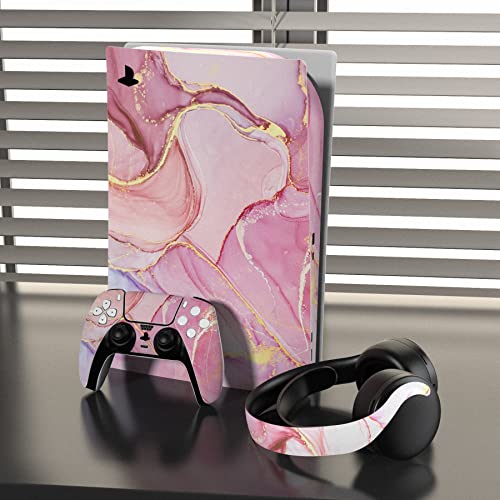 Playvital Cosmic Pink Gold Marble Effect Full Set Skin Decal For Ps5 Console Disc Edition, Sticker Cover For Ps5 Controller & Charging Station & Headset & Media Remote #TOP7
