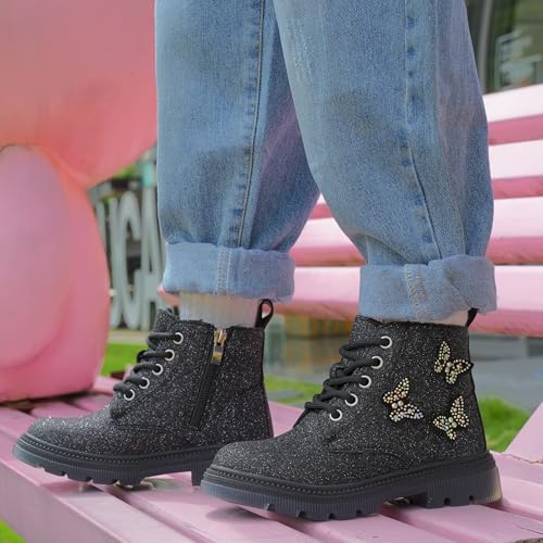 JABASIC Girls Glittery Ankle Boots Kids Lace Up Combat Boots with Side Zipper2