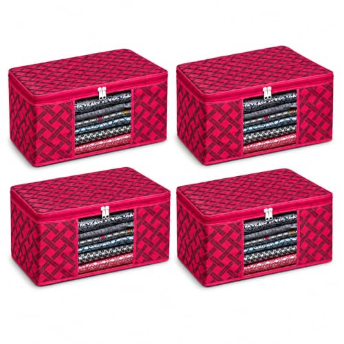 Image of Saree Organizer For Wardrobe - Foldable Saree Covers With Zip, Multipurpose Storage Bag For Suit, Lehanga, Dress Packing With Transparent Window, Pack of 4