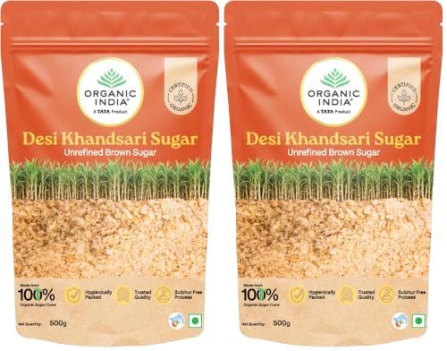 Image of A TATA Product - Organic India Desi Khandsari Sugar, Certified Organic Unrefined Brown Sugar, Made from Organic Sugarcane, Sulphur Free Process, Hygienically Packed, 500 g (Pack of 2)