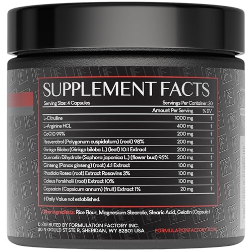 Image of Formulation Factory Heart of Steel Nitric Oxide Supplements for Men & Women, Nitric Oxide Booster for Blood Flow & Circulation with L-Citrulline 1000mg, L-Arginine, CoQ10 & Resveratrol - 120 Capsules