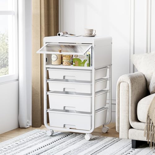 SYKIARIOL Utility Cart With 4 Drawers,Craft Cart,Storage Cart,Rolling Cart With Drawers,Cart With Drawers,Kids Craft Organizers And Storage With Flip-Up Drawer Door,White - Thumbnail 3