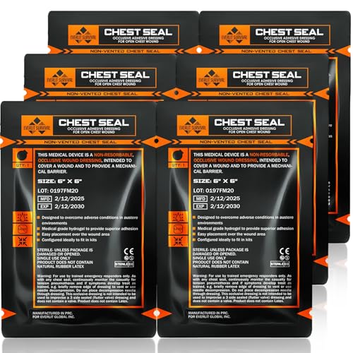 EVERLIT Occlusive Chest Seal Non-Vented Adhesive Dressing for Open Chest Injury and Sucking Chest Wound (6 Count)