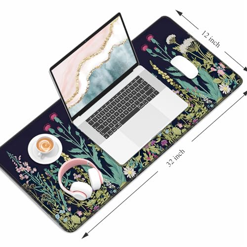 Image of Auhoahsil Desk Pad, XL Extended Large Gaming Mouse Pad 31.5 x 11.8 Inch, Waterproof Mousepad with Stitched Edges, Non-Slip Computer Keyboard Laptop Mat for Women Men Office Work, Silent Night Flowers