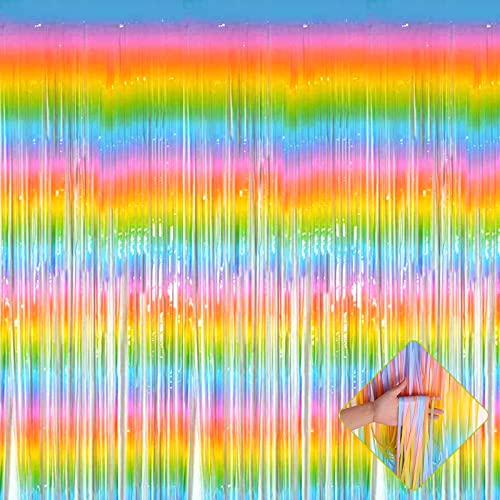 Image of 4 Pack 3.2Ft x 8.2Ft Rainbow Foil Fringe Curtain Backdrop, Colorful Metallic Tinsel Foil Fringe Streamers Curtains Background for Photo Booth, Birthday, Wedding, Easter Party Decoration