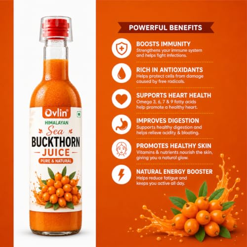Image of Ovlin Himalayan Sea Buckthorn Juice 500ml | Pure and Natural | Rich in Omega 3, 6, 7 & 9, Antioxidants, Vitamins & Minerals | No Added Sugar | Supports Immunity, Skin & Digestion