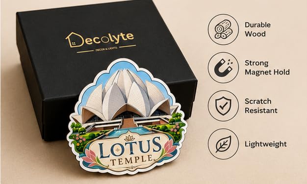Image of Lotus Temple Theme Wooden Fridge Magnet Souvenir | 3x3 in Kitchen Home Decor Gift