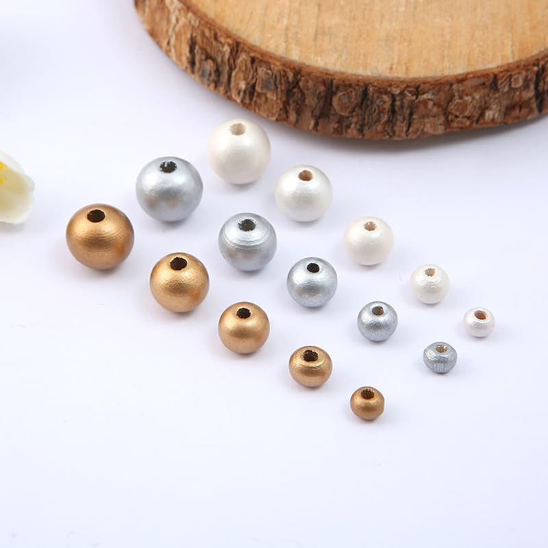 DAHI 300pcs 12mm Gold,Silver,White Pearl Beads Round Colorful Farmhouse Wooden Beads Loose Beads for DIY Crafts Jewelry Making(300pcs 12mm) - Image 6