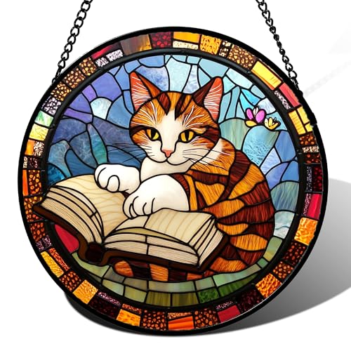 Image of DASTOLL Stained Glass Window Hanging Little Cat Reading Large 15 inch - Suncatcher Door Garden Kitchen Sunroom Sun Catcher Home Decor Birthday for Lost Pets Mom Grandma Men Woman Friend