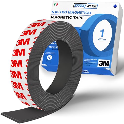 EFFEKTWERK Rotolo di nastro magnetico (1 metro), strisce magnetiche extra spesse e larghe con forte supporto autoadesivo, facile da tagliare e attaccare su superfici piane