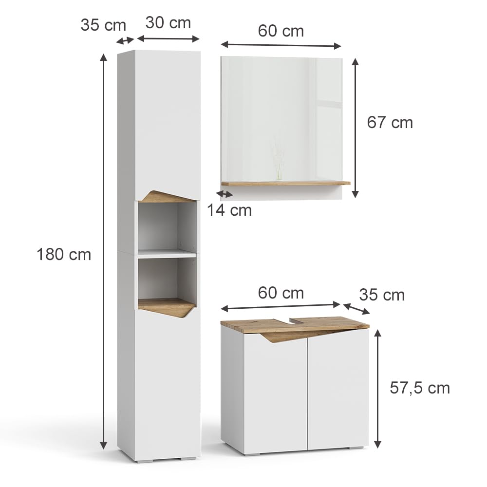 Vicco Meubles Bain Marelle, Blanc, 60 cm, composé d’Un Meuble sous-lavabo, d’Une Armoire Miroir et d’Une Colonne de Rangement