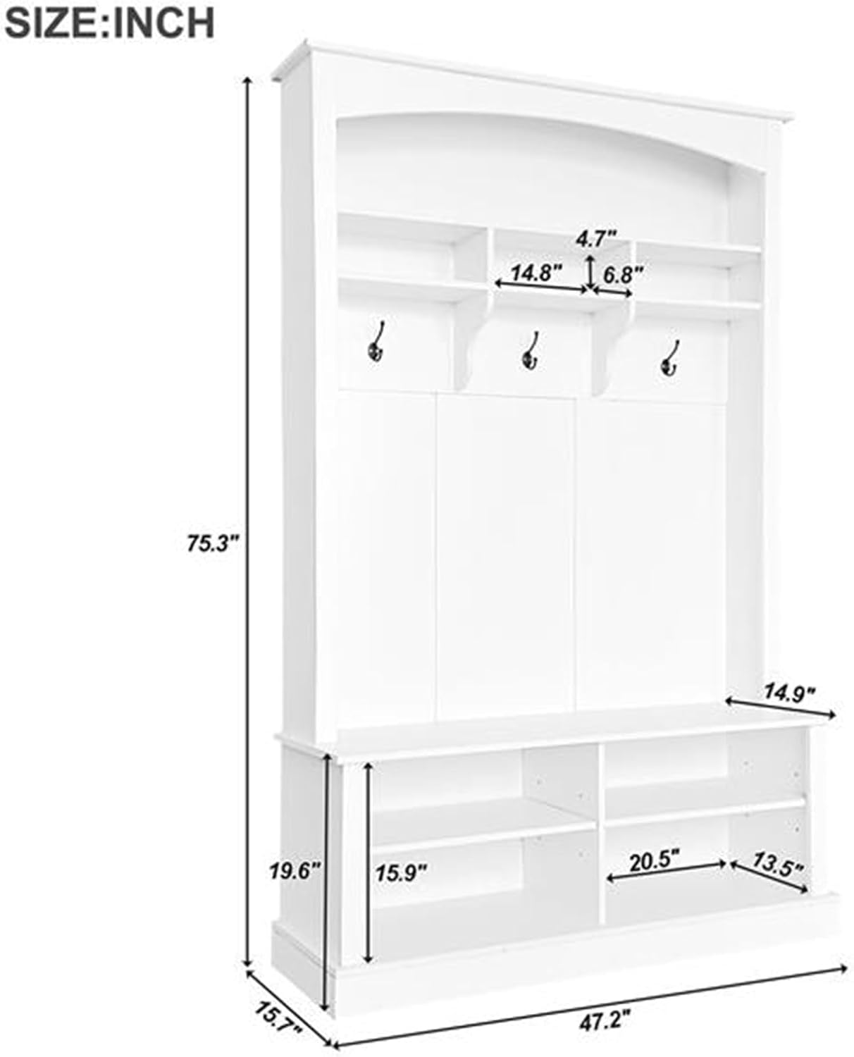 47.2 Inch Wide Band Bench and Shoe Rack, Multifunctional Storage Bench Shoe Bench with 3 Hooks and Open Storage, Rectangular Storage Racks and Shelves for Hallway Entry, White