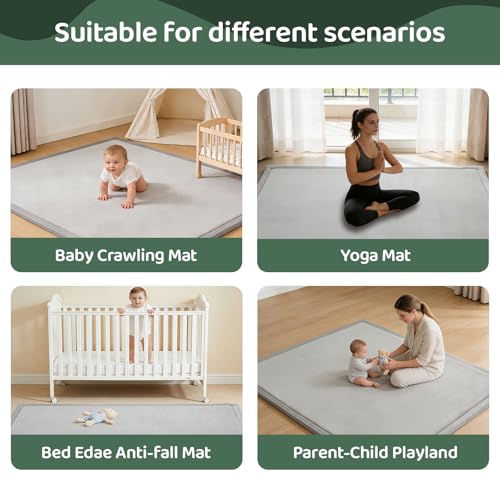 Image of Baby Play Mat for Floor, 1.3 Inch Thick Memory Foam Tummy Time Mats with Non Slip Backing, Soft Coral Velvet 50x50 Inch Playpen Mat Crawling Tatami for Infants Toddlers Kids, Light Grey