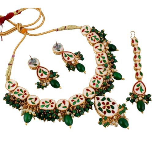 Image of Lucky Jewellery Meenakari 18k Gold Plated Tika Earring Combo Uncut Big Faux Kundan Choker Necklace set