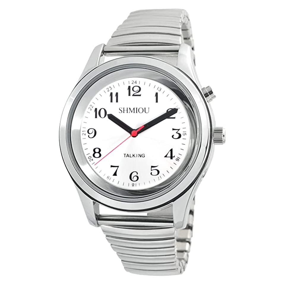 Montre parlante français pour Unisexe malvoyant Voix Forte Aiguilles Longues avec Bracelet Extensible en Acier Inoxydable argenté Montre-Bracelet à Quartz