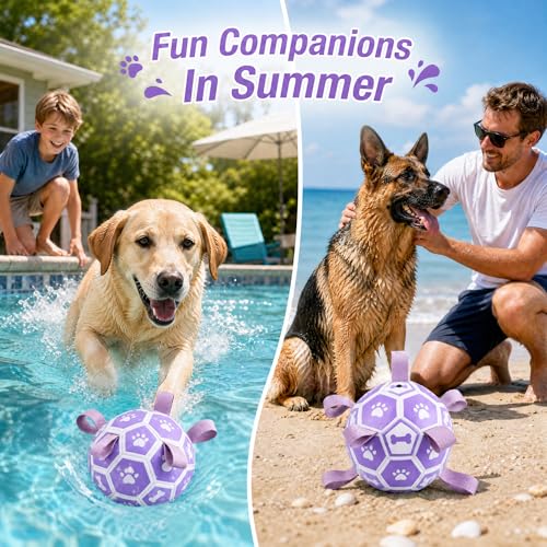 Image of Dog Toys Balls, Dog Soccer Ball with Straps, Dog Birthday Gifts, Durable Balls for Small Medium Pet, Puppy Outdoor Toy, Pet Training Soccer Ball, World Cup Soccer (6 Inch) (Purple, Medium)