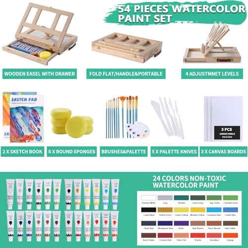 54-Pieces-Watercolor-Paint-Set-with-Tabletop-Easel-Stand-Complete-Starter-Painting-Art-Supplies-with-Watercolor-Paints-Canvases-Sketch-Pads-Brushes-and-Palette-for-Adults-Teens-Kids-Beginners