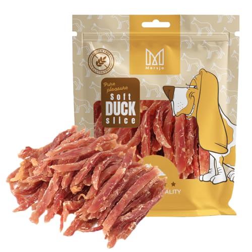 MERSJO crocchette per cani - 92% alto contenuto di carne, Senza Cereali e Zuccheri, Supplemento giornaliero per cani, aiuto naturale alla masticazione, strisce di anatra morbida, 500g