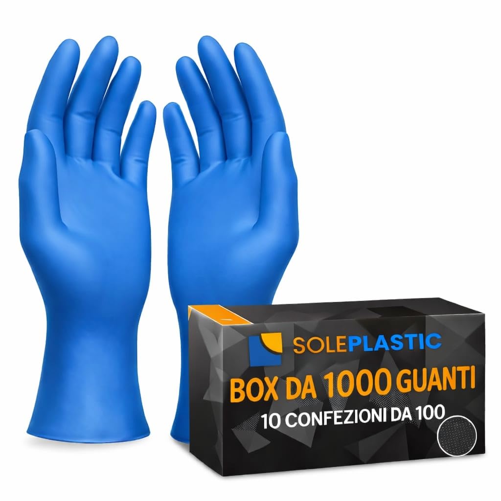 SOLEPLASTIC 1000 Guanti Nitrile Blu (TAGLIA L) - 10 Confezioni da 100 - Senza Lattice e Senza Polvere, Guanti Monouso Idonei per Alimenti, Uso Medico, Cucina, Tattoo e Non Solo