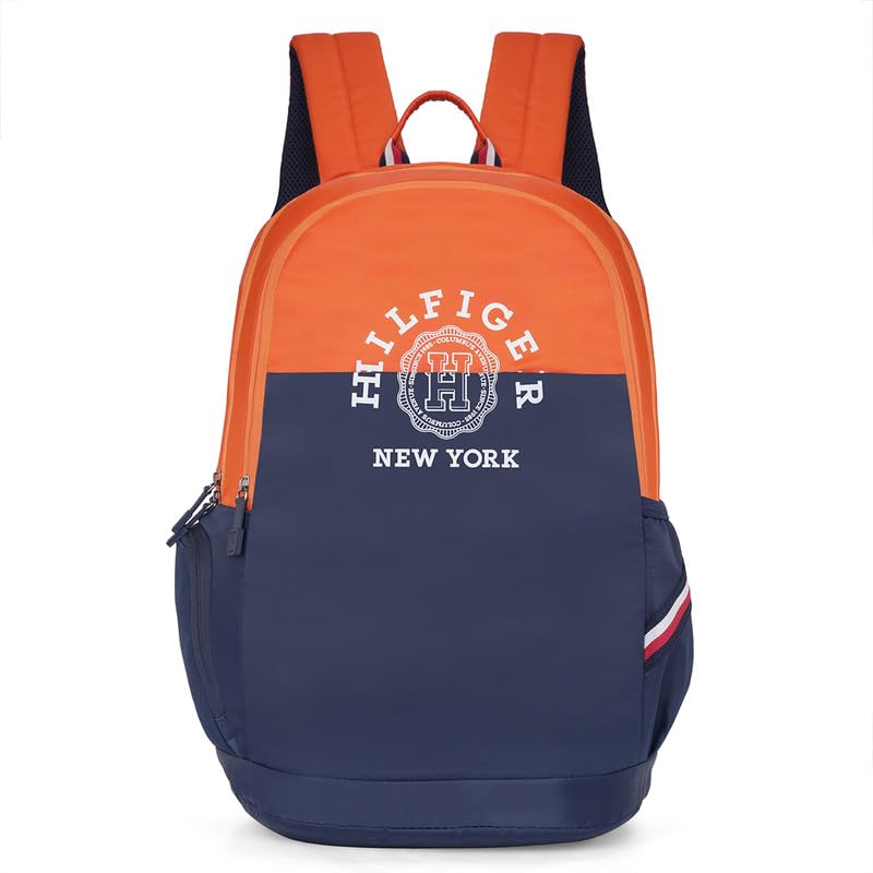 TOMMY HILFIGER Backpack for Men & Women, Jermy, Orange+Navy, Back to School | Backpack for School and Travel with Rain Cover
