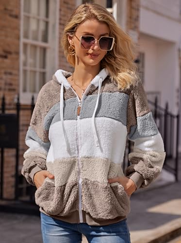 Livonmone Fleecejacke Hoodie Damen Kapuzenpullover Teddy-Fleece Warm Herbst Wintermantel Stilvoller ReißVerschluss Fellmantel PlüSchjacke Mit Taschen (Braun, M)