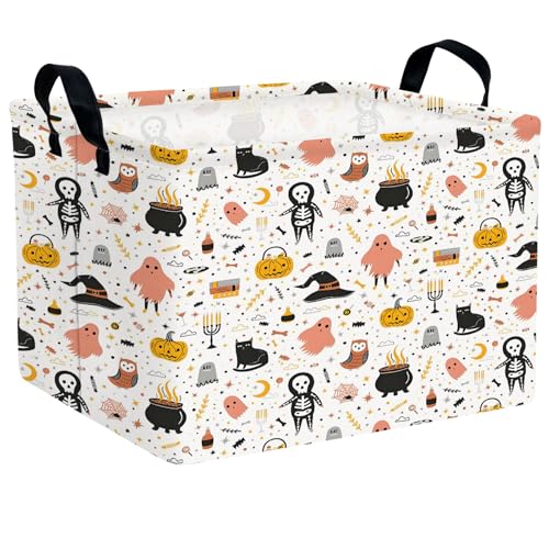 Image of Large Halloween Basket Gift Cute Pumpkin Ghost Parties Decor Kid Trick or Treat Basket for Boys and Girls Rectangular Storage Bin Box (Cartoon Skeleton)
