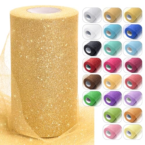 Gold Glitter Tulle Fabric Rolls 6 Inch x 50 Yards Sparkling Spool Ribbon Sequin Netting for DIY Tutu Skirt Wedding Decoration Christmas Party Backdrop Gift Wrapping Bow Craft Supplies