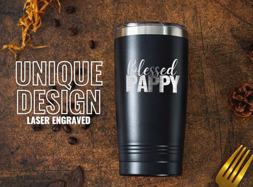 Image of Onebttl Pappy Gifts, Grandpa Father's Day Gifts from Grandchildren, Laser Engraved Design, 20oz /590ml, Stainless Steel Tumbler with Straw & Lid, Black - Blessed PAPPY