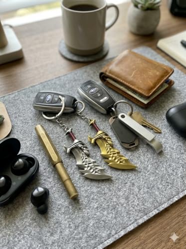 Image of BLUE WARRIOR God of war keychain (Combo) - Fantasy Winged Dagger Keychain - Antique Gold Mini Sword Key Ring with Red Handle - Metal Collectible Key Holder for Men, Women, Gamers & Gift Giving