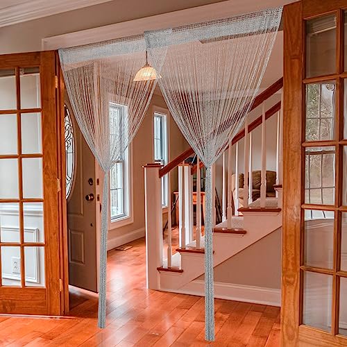 HYSENM ストリングカーテン ひものれん 2枚入り 100x200cm 11色選べる 色褪せなく 目隠し ラメ入り 間仕切り プライバシー確保 キラキラ光る 高密度 インテリア, シルバーグレー 100x200cm [4]