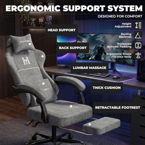 Image of Gaming Chair with Footrest, Ergonomic Computer Chair with Lumbar & Headrest Support for Adults, High Back Office Desk Chair with 360Swivel Wheels for Game and Work, Breathable Fabric,Grey