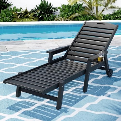 Gardeon Sun Lounge, HDPE Lounger, Day Bed Chaise Beach Chair, Patio Outdoor Furniture Pool Backyard, with Wheels Armrest Backrest Black