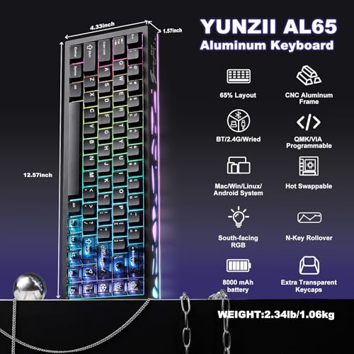Image of YUNZII AL65 Wireless Mechanical Keyboard, Full Aluminum CNC,Support QMK /VIA Software Gasket Structure,60% Hot Swappable with RGB Backlit BT /2.4G /USB-C for Mac /Windows(Black, Milk V2)