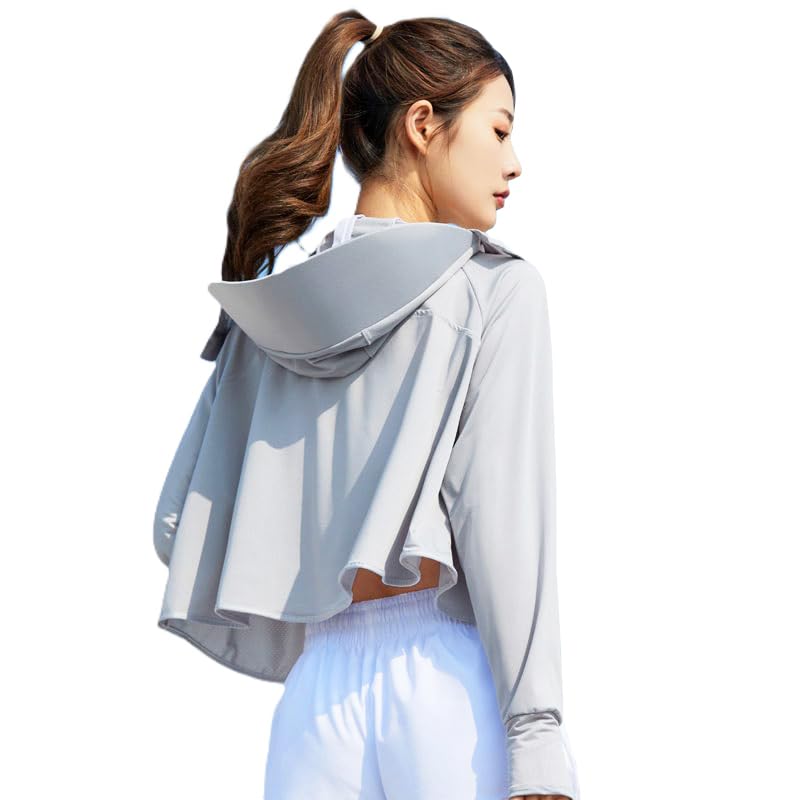 Image of Alexvyan Size-L Grey Women's UV Protection Jacket, Lightweight Summer Sun Screen Hoodie with Visor, UPF 50+ Protection for Outdoors, Shirt Full Zipper Sun Protection Jacket- FIT 50-65 KG