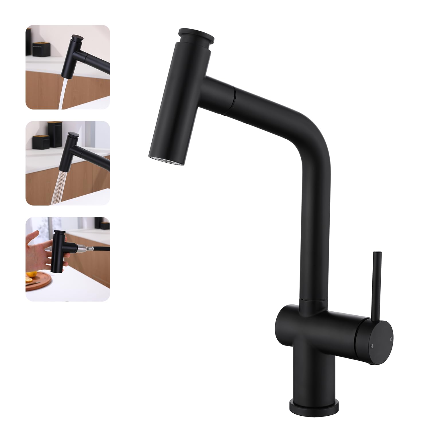 Yardmonet Matte Black - 163 Kitchen Mixer Tap With Pull Out Sprayer, High Arc Sink Tap With Single Handle, 360° Swivel 2 Spary Modes Kitchen Faucet (Matte Black)