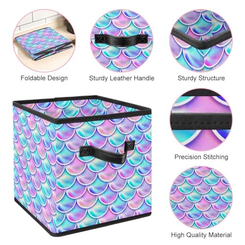 Boîte de rangement pliable cube en tissu motif écailles de sirène - 5