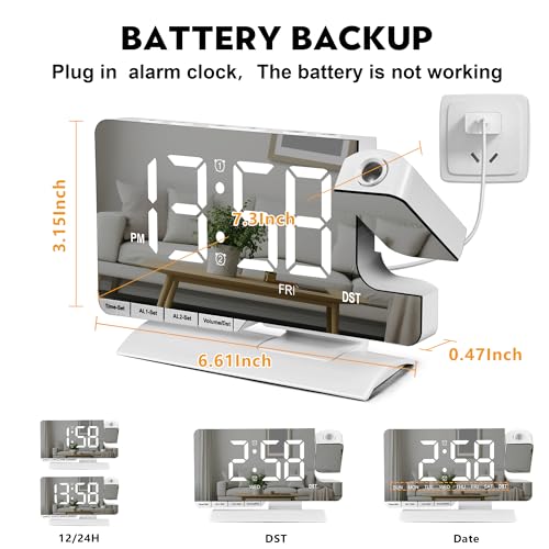 Amgico Projection Alarm Clock,Digital Clock with Projection,7.3" Mirror Clock with 180°Rotating Projector,Dual Alarm with 3 Mode,Bright Adjust,DST,Snooze,Charging Port,5 Levels Volume for Desk Teens - Image 3
