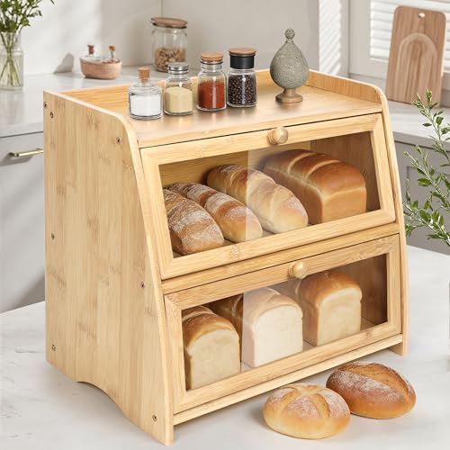 Hwwelis Bamboo Double Layer Bread Box for Kitchen Counter - 2 Layer Large Breadbox for Countertop Organizer - Bread Storage Boxes Container Bin Homemade Bread - Natural Bamboo