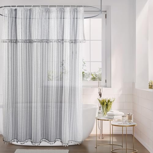 Barossa Design Grey Lace Shower Curtain Sheer -Lightweight Farmhouse French Shower Curtains with Attached Valance & Tassel for Bathroom, Rustproof Grommets, Standard Size 72 x72