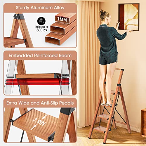4 Step Ladder, Folding Step Stool With Convenient Handgrip For Home,Office,Kitchen, Woodgrain Lightweight Aluminum Step Stool With Anti-Slip Sturdy Pedal,330 Lbs Capacity #TOP2