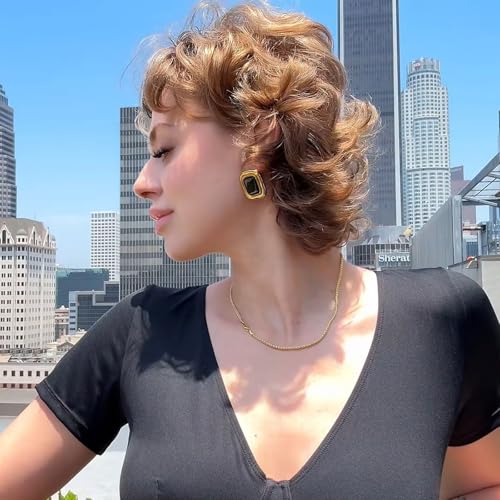 Chunky Gold Earrings Vintage Square Earrings Women Black and Gold Statement Earrings 18K Gold Stud Non Tarnish Stainless Steel2