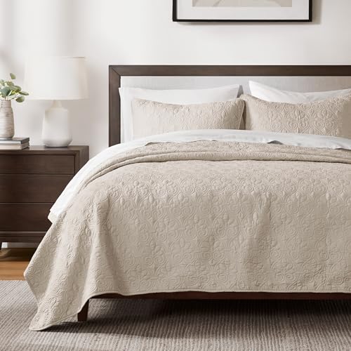 Image of Madison Park Luxurious Cotton Damask Quilt Set, 3PC Full /Queen Bed Set | All Season, Lightweight Stitching Coverlet Bedspread Bedding Stitching with Shams, Cream