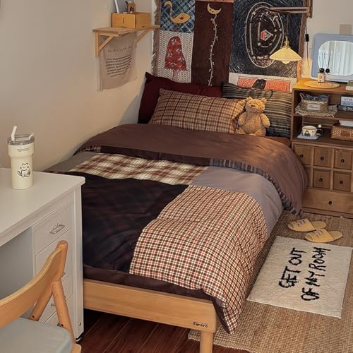 Image of Nayoroom Plaid Duvet Cover Queen Size Vintage Brown Patchwork Checkered Duvet Cover Dorm Bedding Set 3 Pieces Soft Lightweight Washed Microfiber Farmhouse Bedding Set Gifts for Women Men