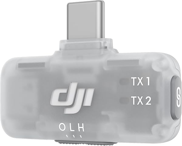 The DJI Mic Series Mobile Receiver connected to a smartphone, highlighting its ultra-compact USB-C design for mobile recording.