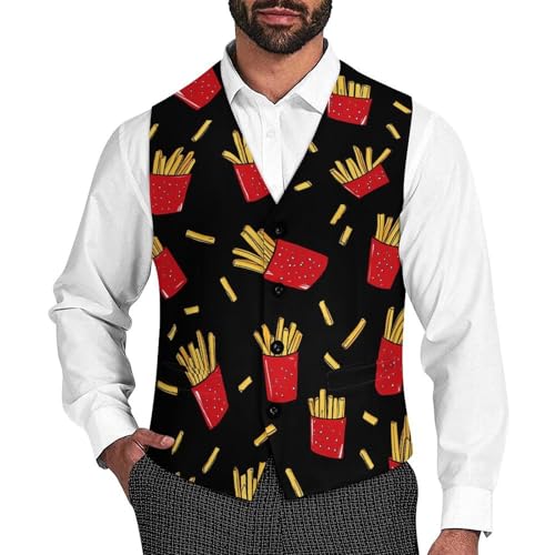 French Fries Men's Suit Vests Business Formal Dress Vest V-Neck Waistcoat for Wedding Casual